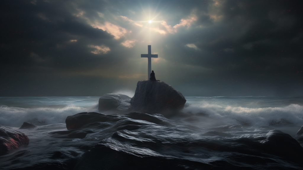 A cross on a rock in the stormy sea with a person standing next to it, symbolizing faith and hope in challenging times.