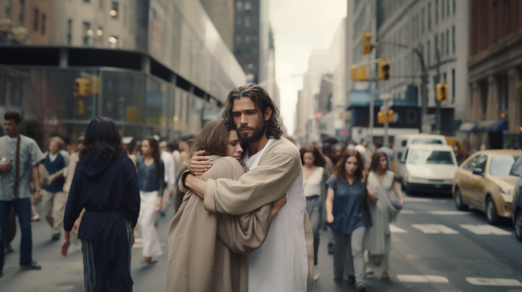 A woman being embraced by Jesus in the middle of a chaotic city street in 2023, symbolizing peace and comfort found in Christ.