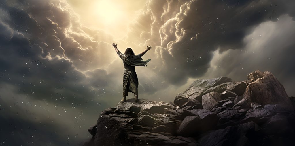 Habakkuk with raised hands, standing on a mountain, under contrasting skies—one stormy and the other divine light—representing his questioning of God's goodness amidst trials.
