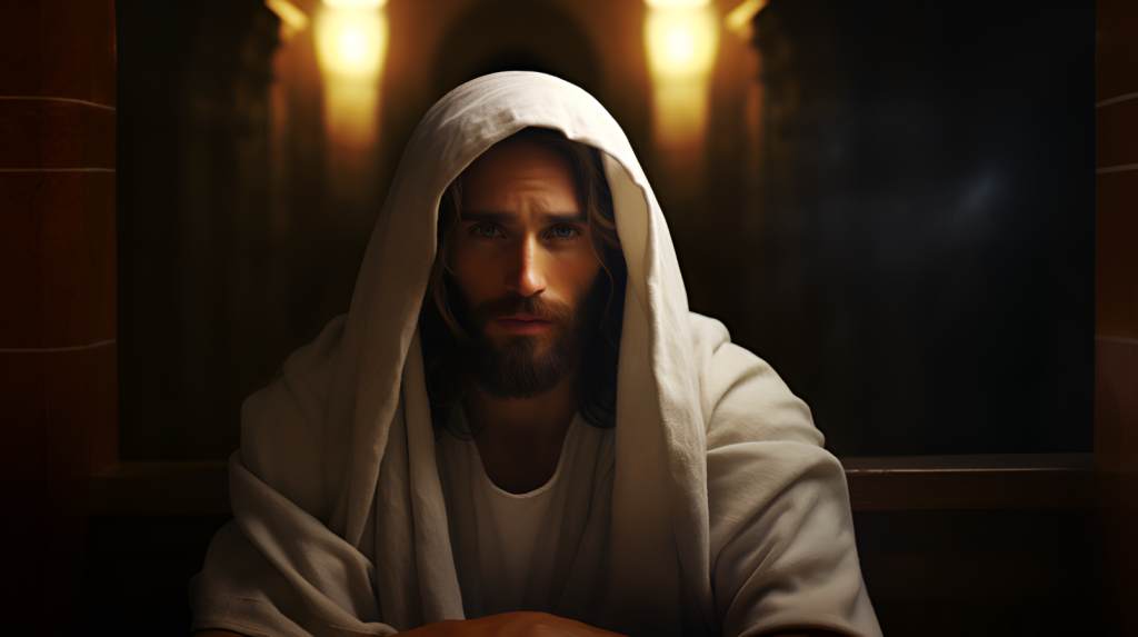 Intense portrait of Jesus seated in a throne room.