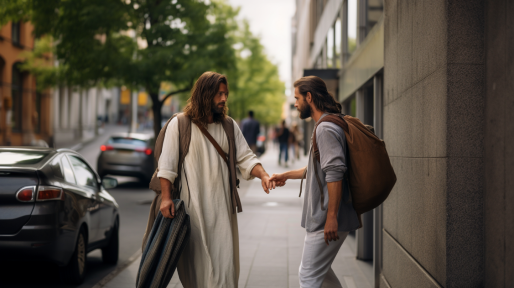 Modern person with heavy backpack; Jesus reaching out to take it, their eyes meeting in silent trust.