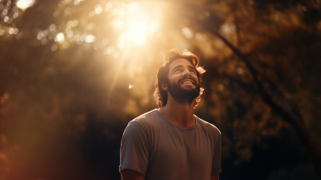 A thoughtful man looks skyward in a sun-drenched forest, symbolizing a contemplative journey from personal opinions to the eternal truths of God.