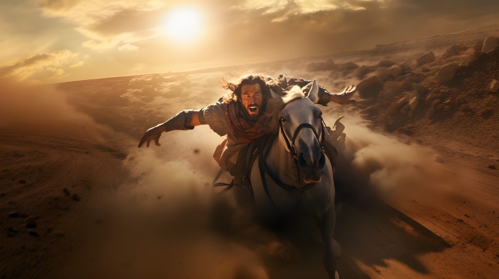 Painting of Paul falling off his horse, blinded by heavenly light, on the Road to Damascus.