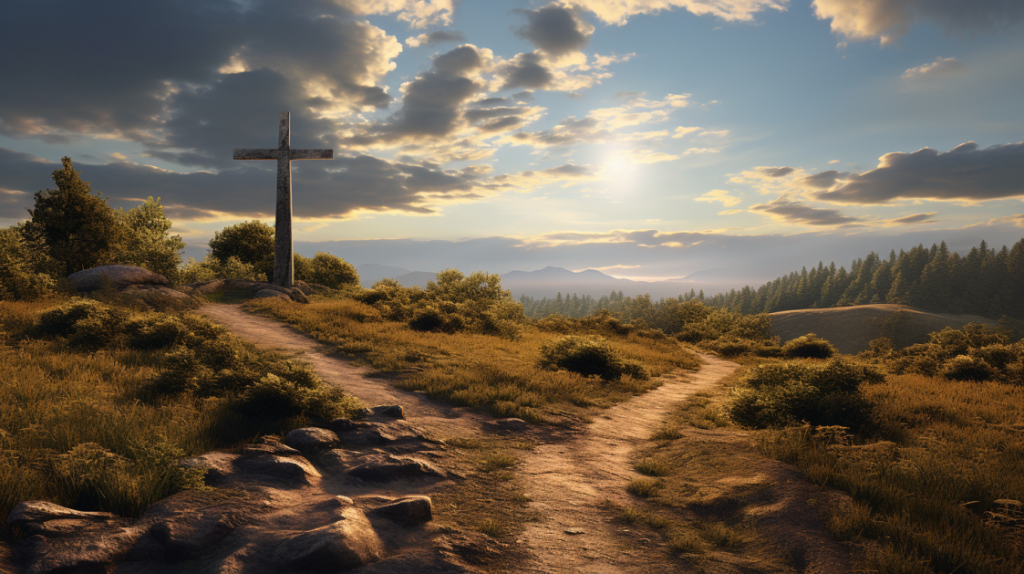 A scenic landscape showing a cross at the end of a road, surrounded by natural beauty, representing the spiritual journey to salvation through faith in Christ.