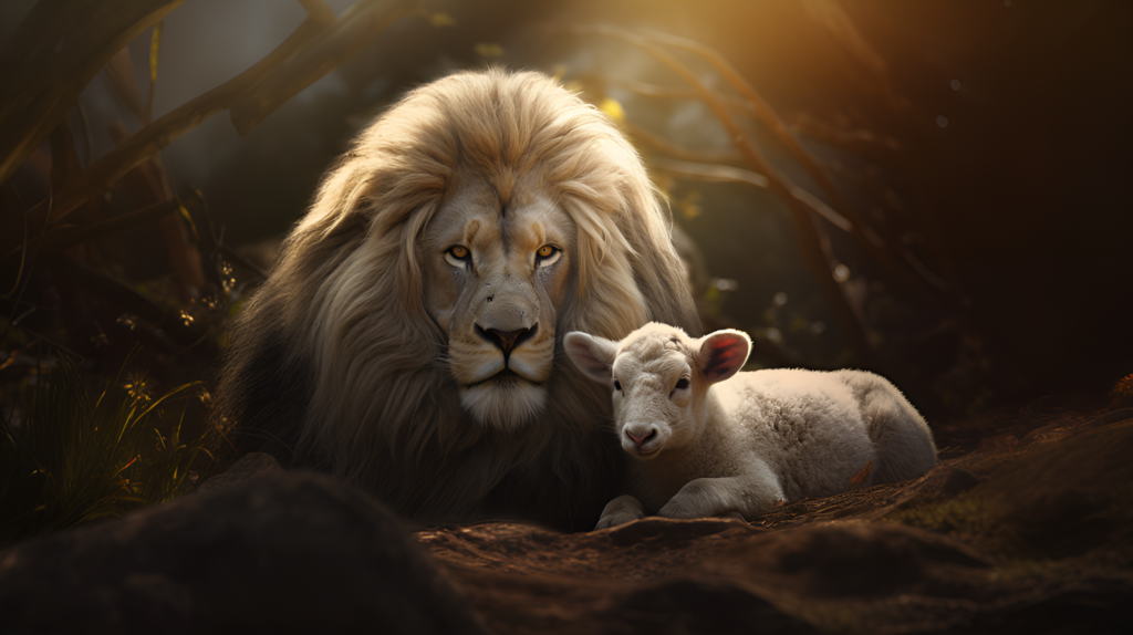 Lion and Lamb together, symbolizing the justice and mercy of Jesus Christ in the Millennial Kingdom.