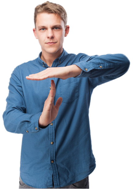 Man in casual attire making a 'timeout' hand gesture, looking thoughtful and concerned, against a neutral background, symbolizing careful reflection on technology's role in faith.